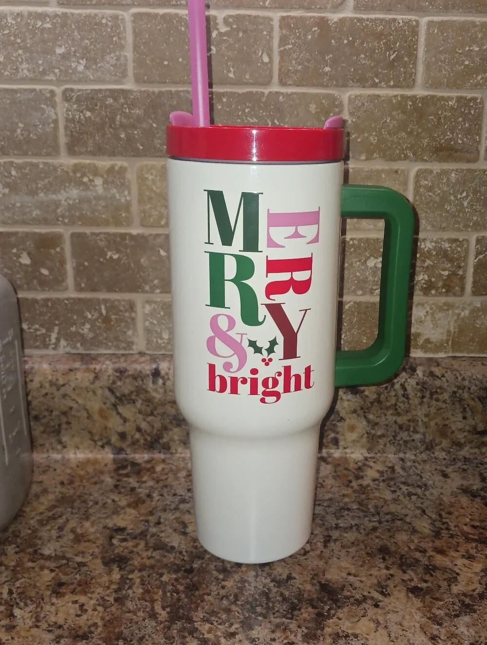 Hobby Lobby White Travel Tumbler with Pink Red and Green Accents